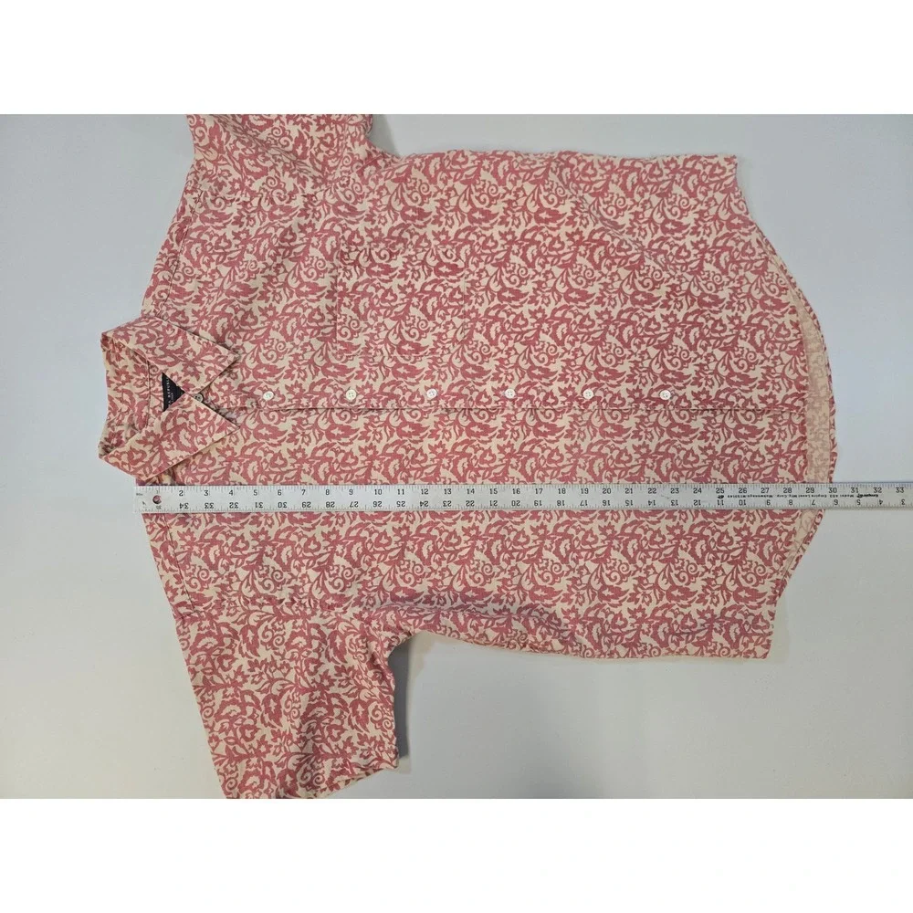 Banana Republic Mens Small Red Cream Damask Scroll Print‎ 100% Linen SS Shirt